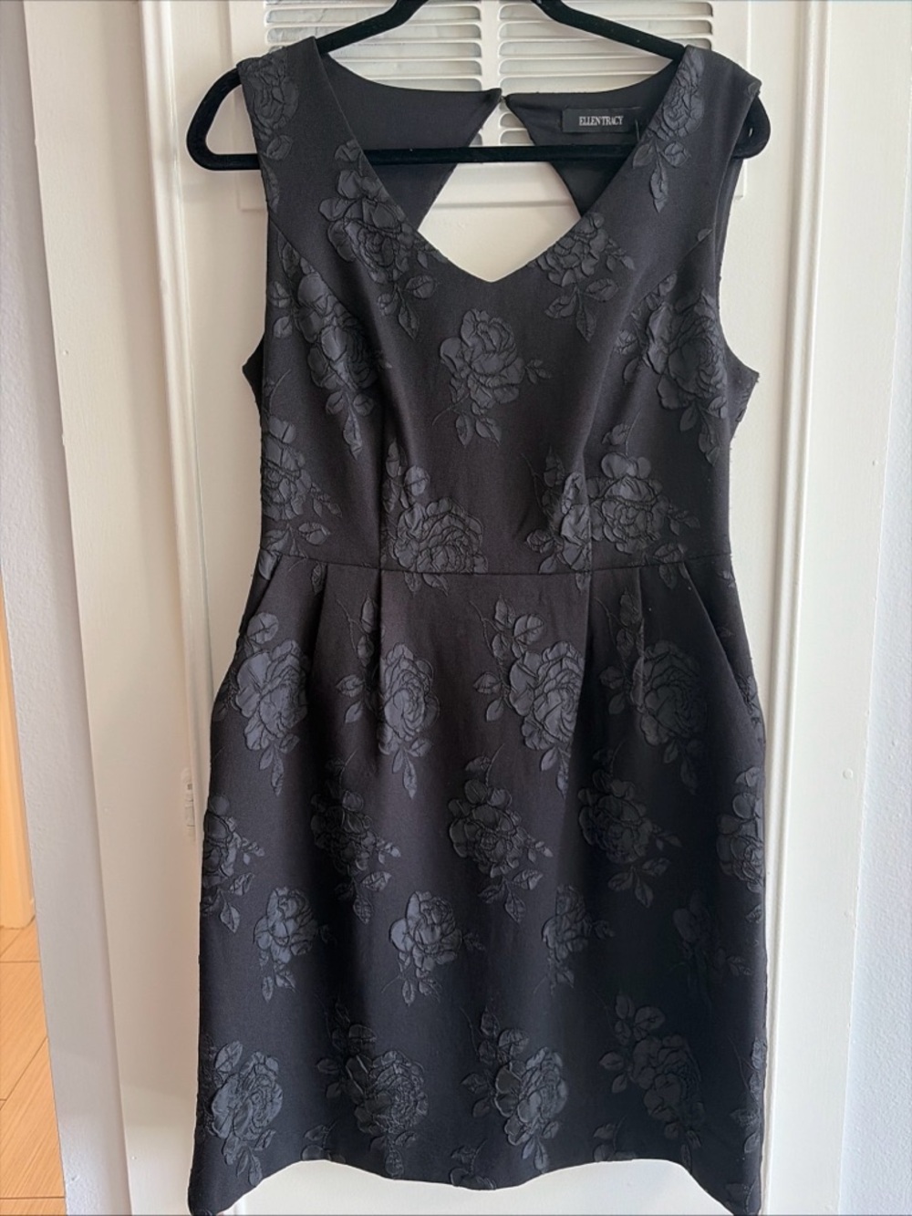 Ellen Tracy Black Floral Jacquard V-Neck Knee Length Dress Semi Formal Tea